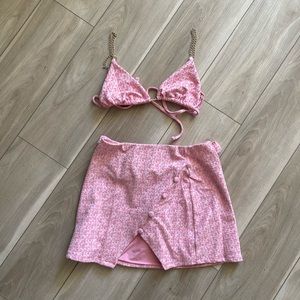 Devon Windsor bubblegum houndstooth bikini and skirt set